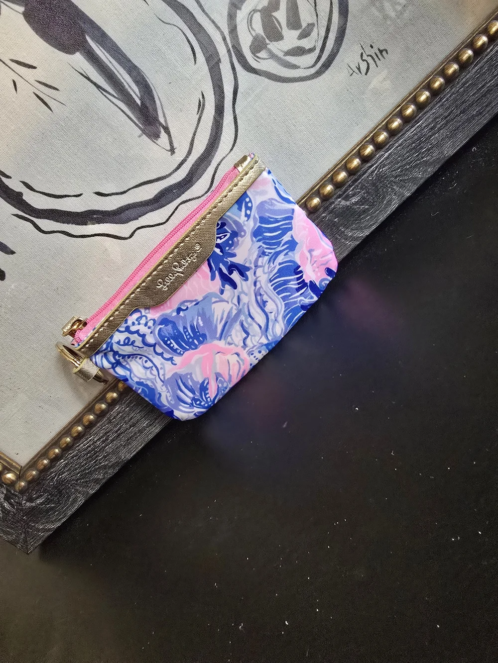 Lilly Pulitzer ID case shade seekers tropical print gold hardw coin purse wallet